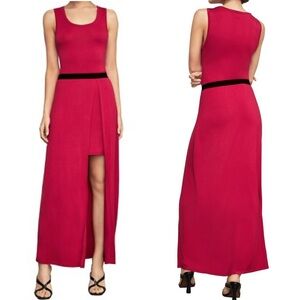 BCBGMaxAzria Red Knit Maxi Dress w Front Slit & Black Waistband